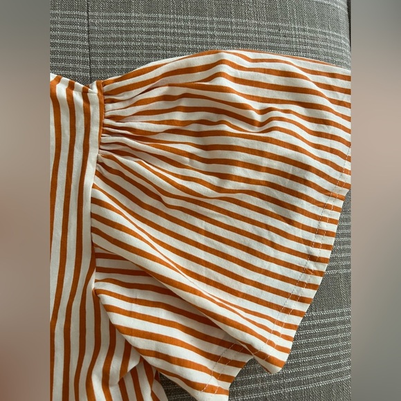 Bobo Choses, Girl’s Orange Vertical Stripes Ruffle Sleeves Dress - Picture 6 of 9